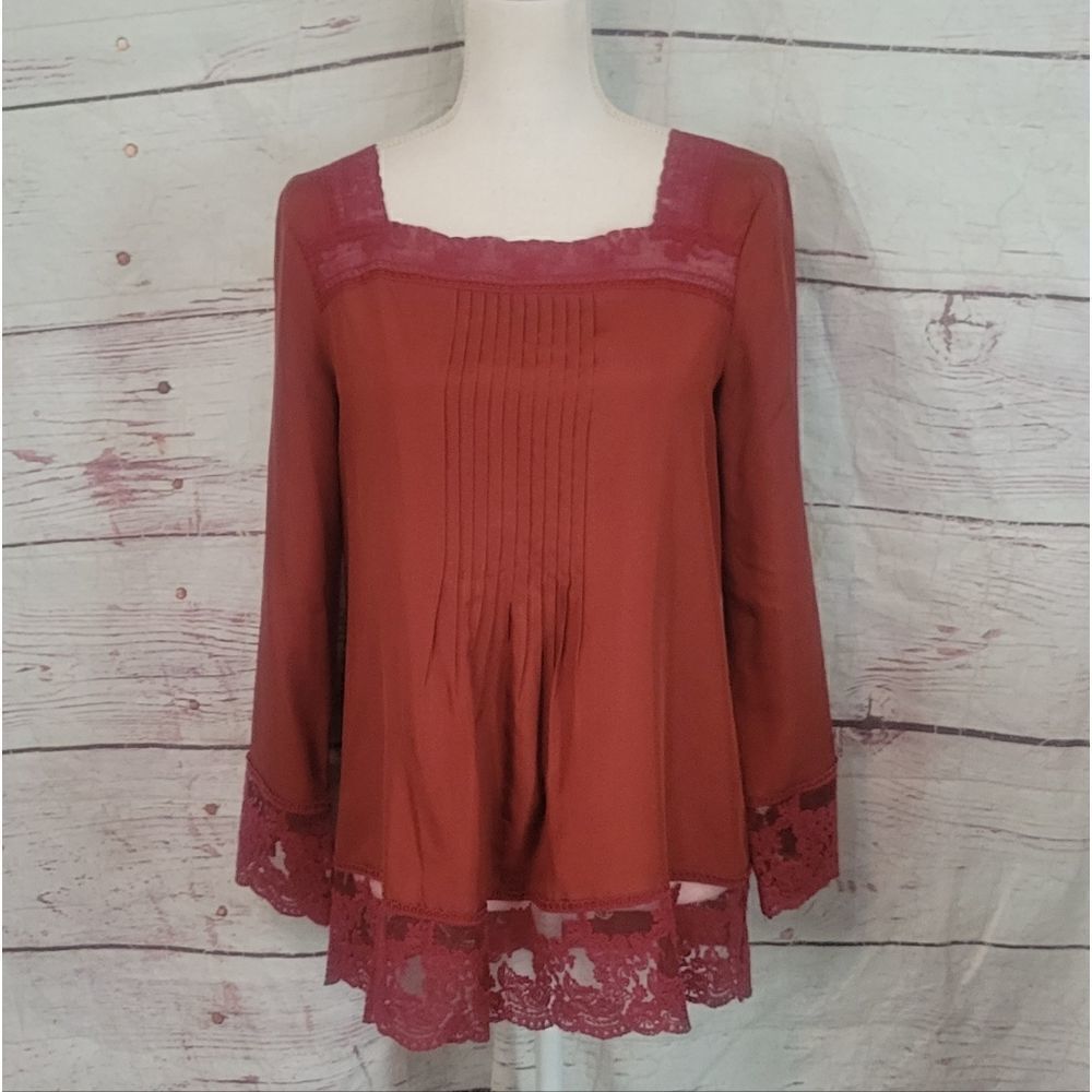 Sundance Silk Long Sleeve Blouse with Lace Trim Size Small
